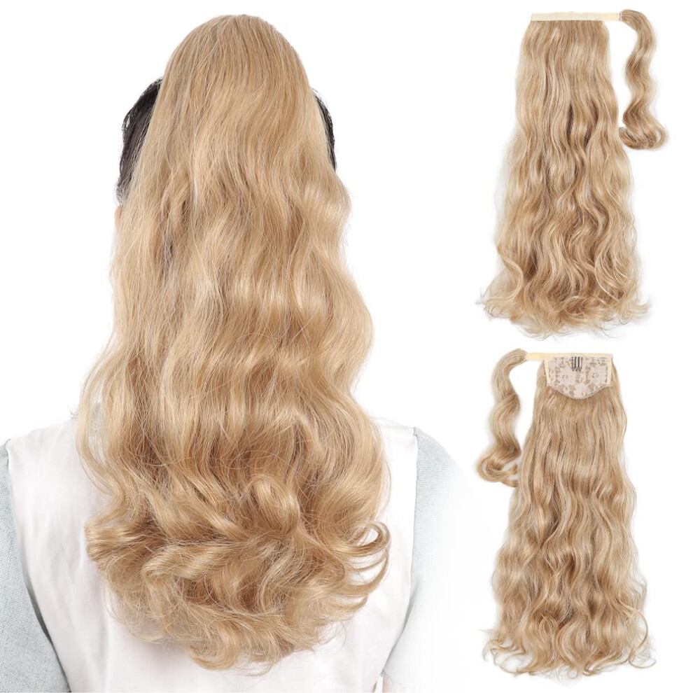 Unisex Brown Ponytail Extensions 20 Inch Curly Wrap Around Clip In Hairpiece Golden Bleach Blonde Mix