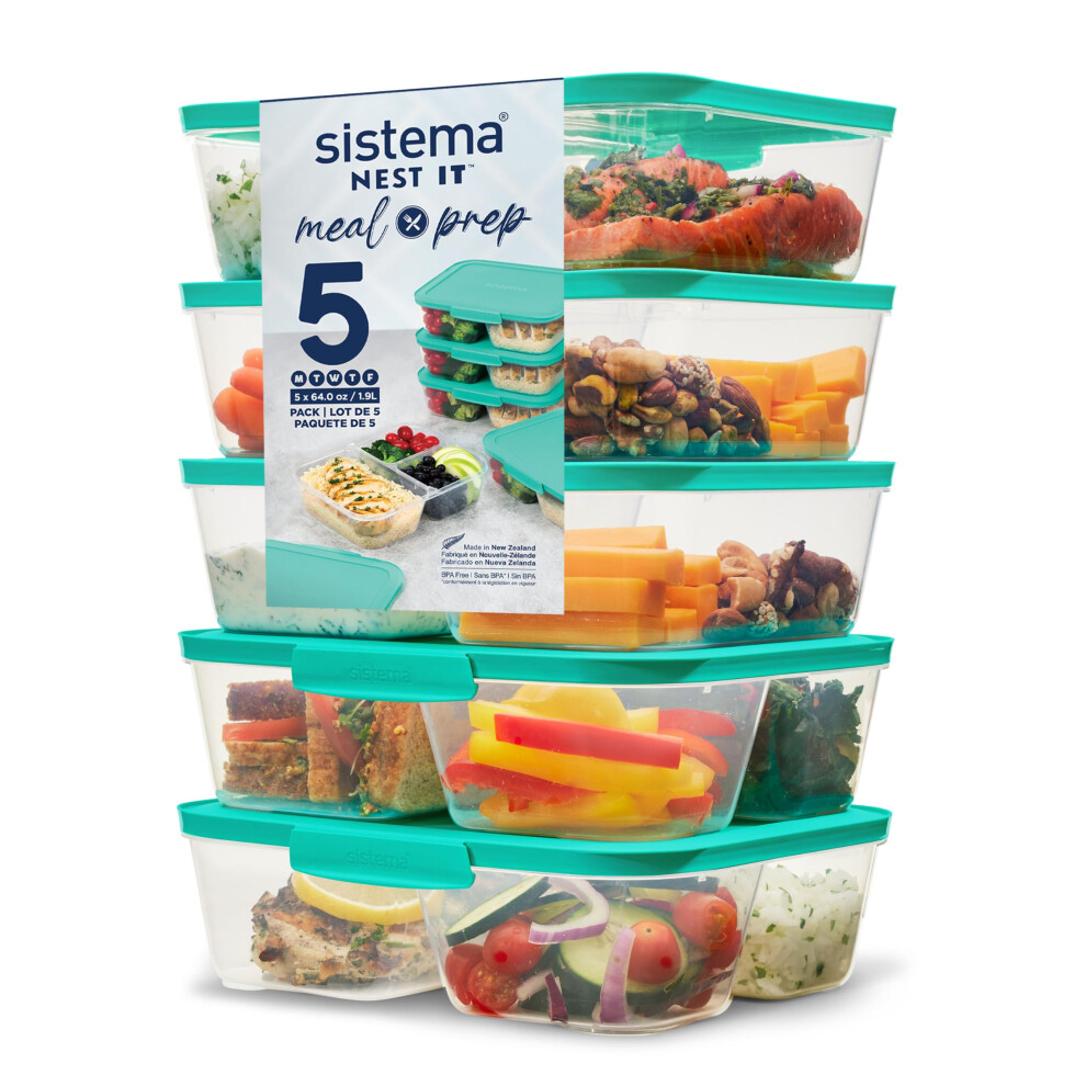New Sistema Nest It Meal Prep Containers | 1.9 L | Airtight Food Storage Containers With Compartments & Lids | School Lunch Boxes | Bpa-Free | | 5 Green 59175