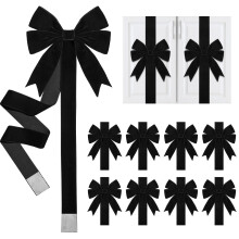8 Pcs Black Velvet Christmas Cabinet Door Bows with Ribbons, Large Festive Decorations for Kitchen