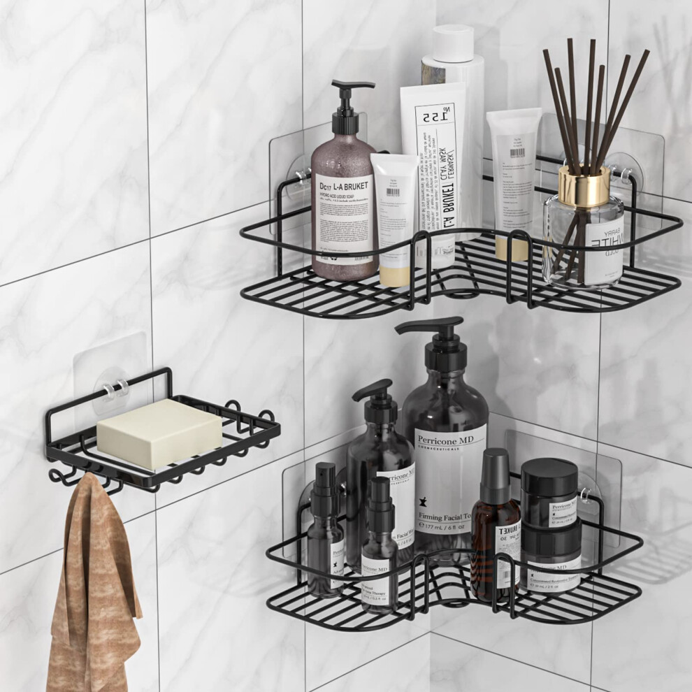 Imurz Corner Shower Caddy, 3 Pack Bathroom Shelves With Soap Razor Holder, No Drilling Shower Shelf, Adhesive Shower Storage Rack, Black
