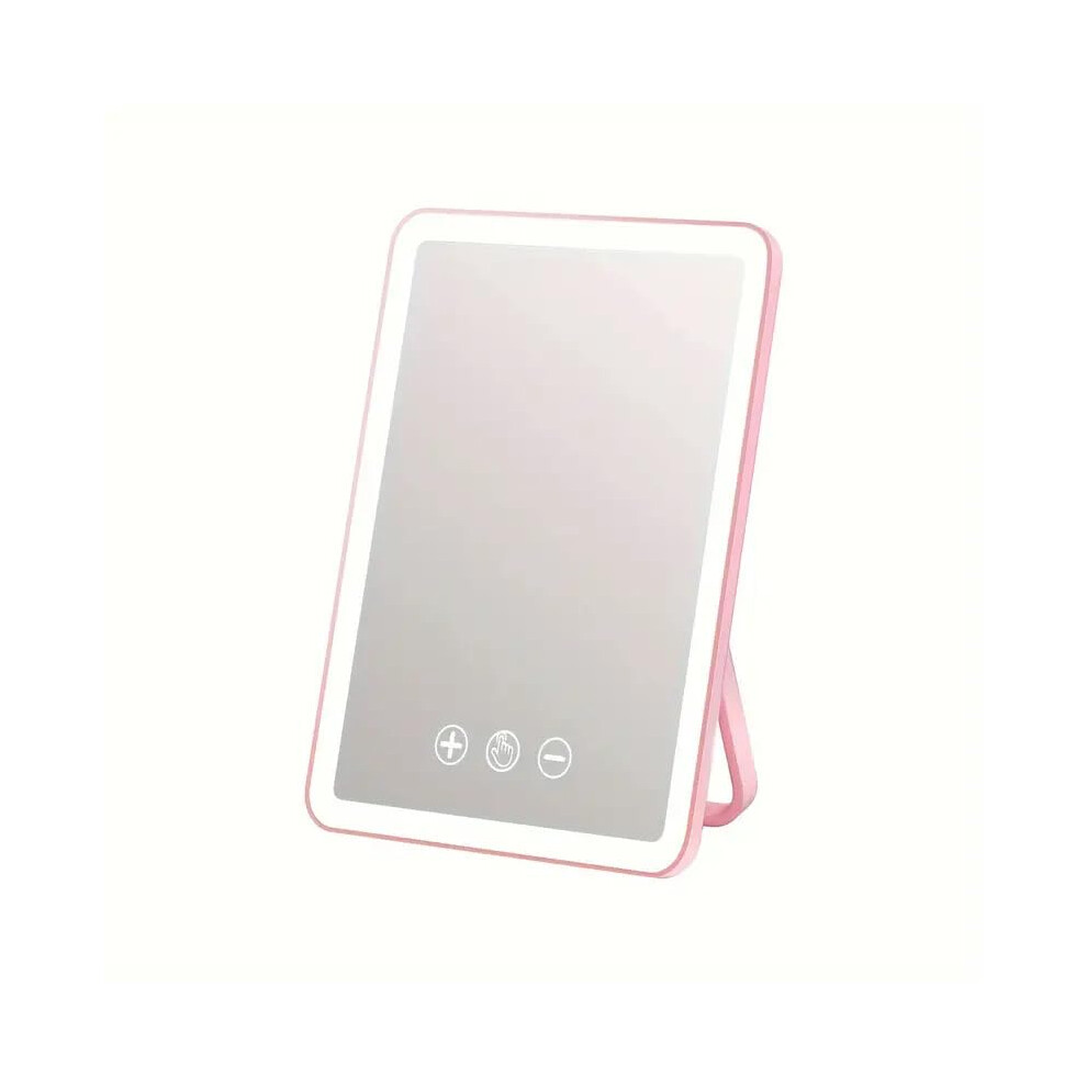 LED Makeup Mirror with 3Color Dimming, Touchscreen Control, USB Charging, Foldable Pink Design