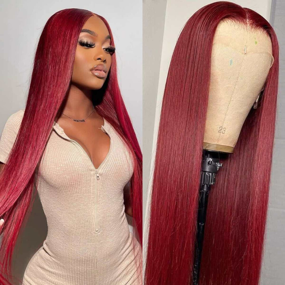 Burgundy Synthetic Straight Lace Front Wig with Natural Hairline Heat Resistant Fiber for Women