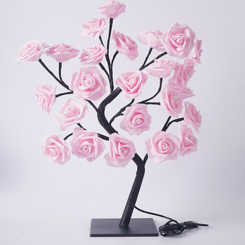 (Pink) Simulation Rose Tree Lamp USB Decorative LED Table Light Adjustable Branches Elegant Room Decor Gift