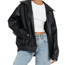 (S,Black)Women's Oversized Jackets, Leather Faux Motorcycle Plus Size Y2K Moto Biker Coat