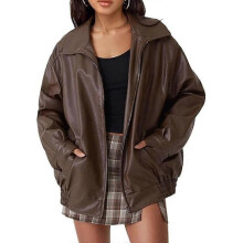 (M,Brown)Women's Oversized Jackets, Leather Faux Motorcycle Plus Size Y2K Moto Biker Coat