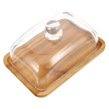 Butter Dish with Glass Lid and Wooden Base, Cheese Board Tray Keeps Food Fresh for Snacks and Cakes