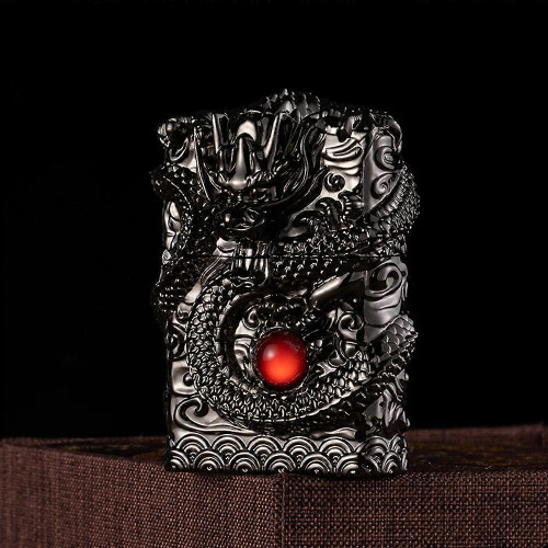 (Dragon, Black) Embossed Paraffin Lighter Vintage Grinding Wheel Ignition for Camping