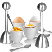 Egg Cups Set with Stainless Steel Egg Topper and Spoons, White Ceramic Cups for Soft Boiled Eggs