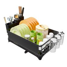 Large Capacity Rustproof Steel Dish Drying Rack with Cutlery Holder and 360 Rotating Drainage Tray