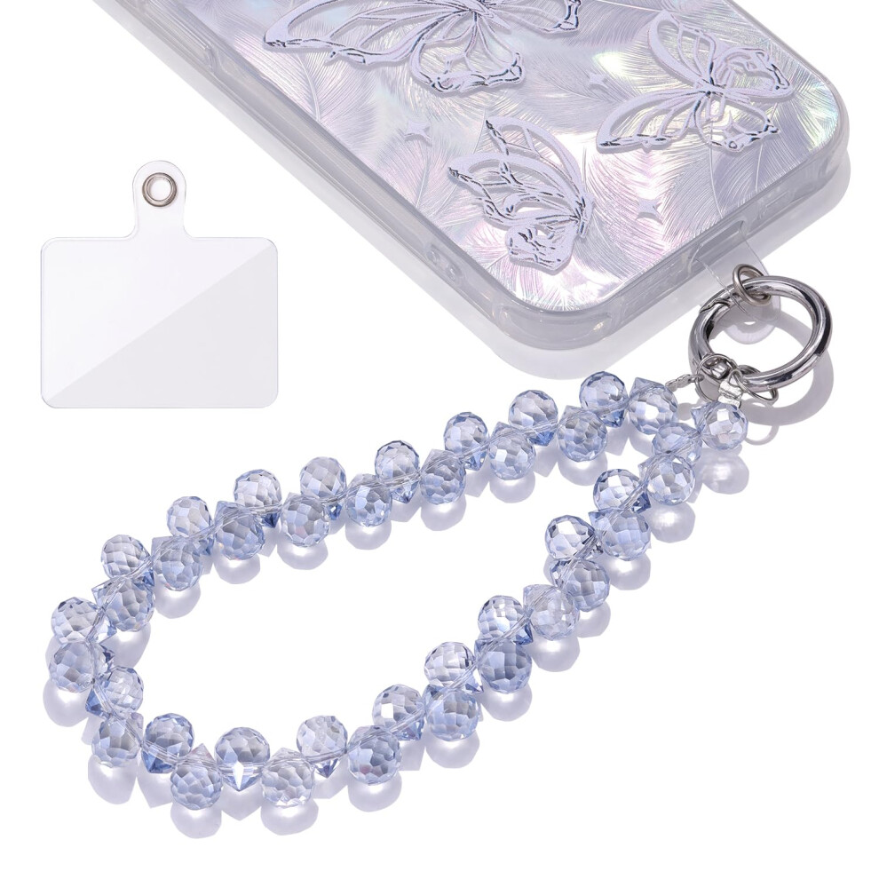 Glass Beaded Phone Charm With Detachable Wrist Strap, Stylish Antitheft Design, Clear Ab Blue 9455672802468