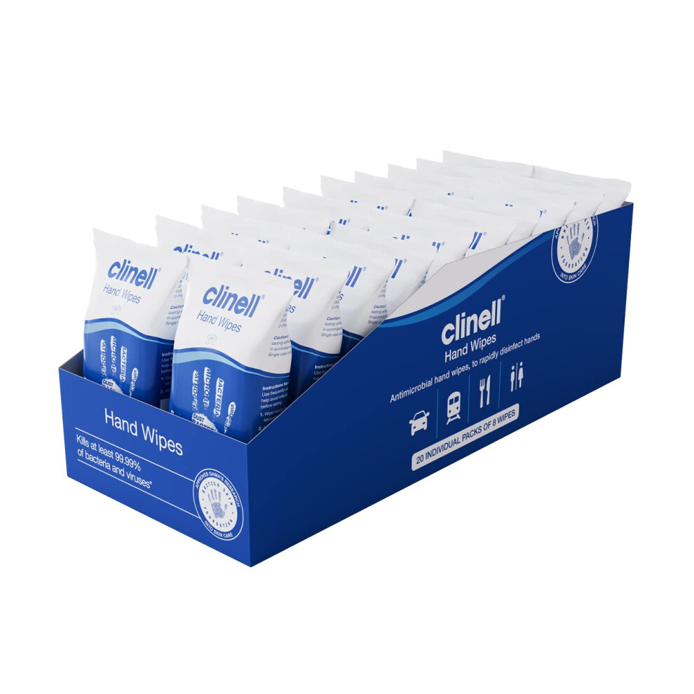 New Clinell Antimicrobial Hand Wipes Ideal For Travel - 20 Packs Of 8 Wipes - Dermatologically Tested, Kills 99.99% Of Bacteria & Viruses
