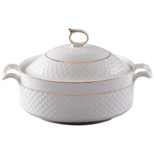 Ceramic Soup Tureen with Lid 1.5L White Porcelain Serving Bowl Gold Trim Microwave Dishwasher Safe