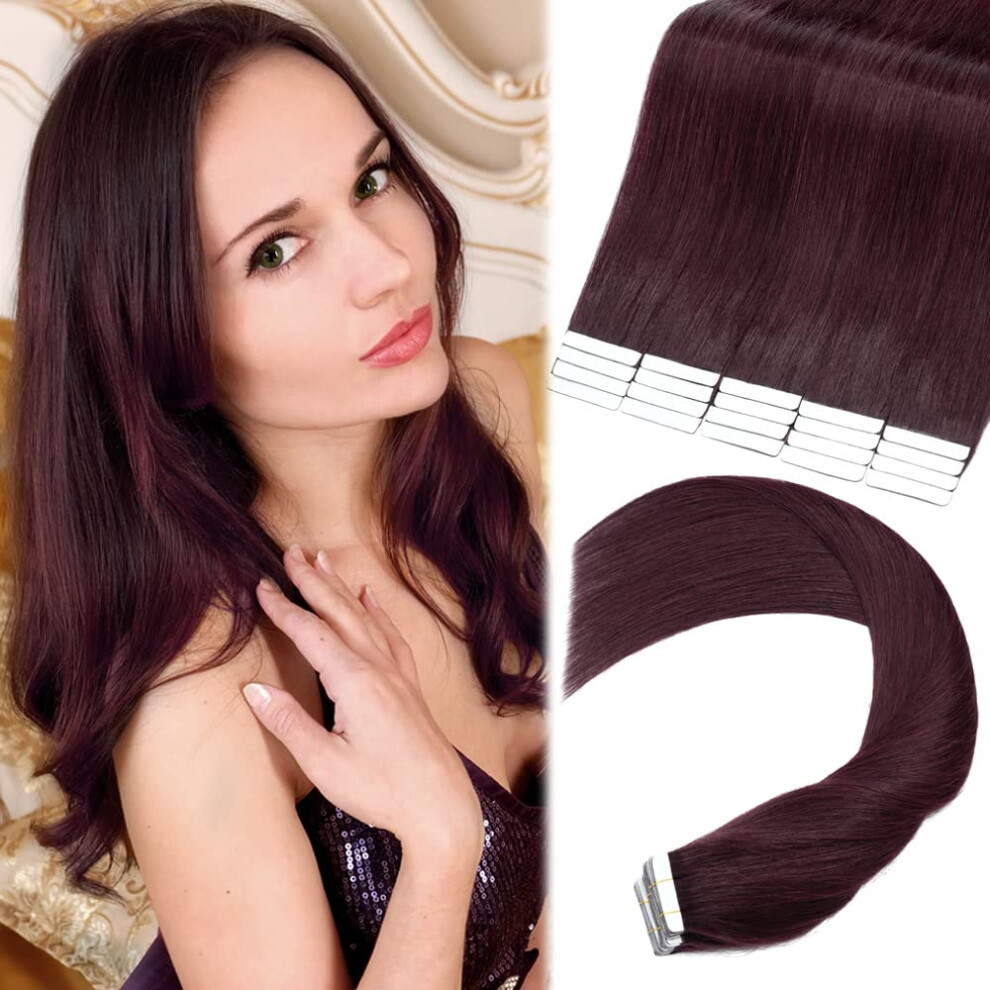 Unisex Red Tape In Hair Extensions 22 Inch Burgundy Wine Seamless Remy Human Hair For Natural Blend