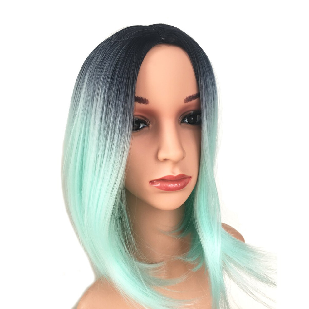 Unisex Blue,Black Synthetic Lace Front Wig Blue Ombre Bob With Black Roots Shoulder Length Heat Resistant Hair