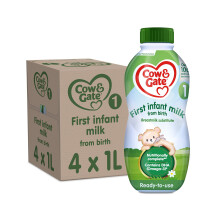 Cow & Gate 1 First Infant Baby Milk Ready to Use Liquid Formula, from Birth, 1 L (Pack of 4)