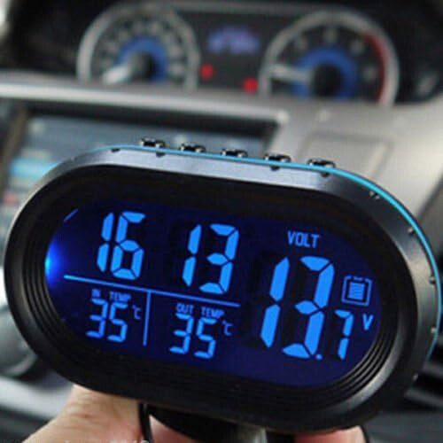 Car Digital Clock with Dual Temperature Display Voltmeter 12/24 Hour LCD Screen Blue Backlight 1