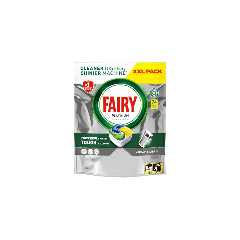 New Fairy Platinum Plus All-In-1 Dishwasher Tablets, Bulk Pack- 74 Pods, Lemon, With Greasy Filter & Rinse Aid Action 80735564