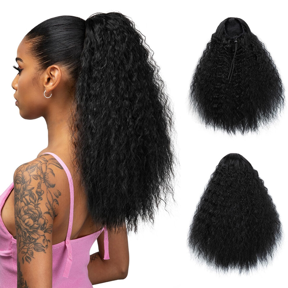 Unisex Black Ponytail Hair Extension Long Curly Corn Wave 16 Inch Synthetic Drawstring Hairpiece