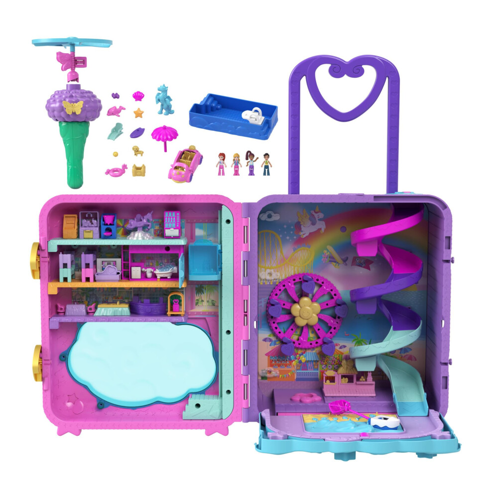 New Polly Pocket Pollyville, Resort Roll Away Playset With Rolling Wheels, 5 Play Areas, 4 Dolls, 1 Vehicle, 30 Toy Accessories, Toys For Ages 4 And Up, Hkv43