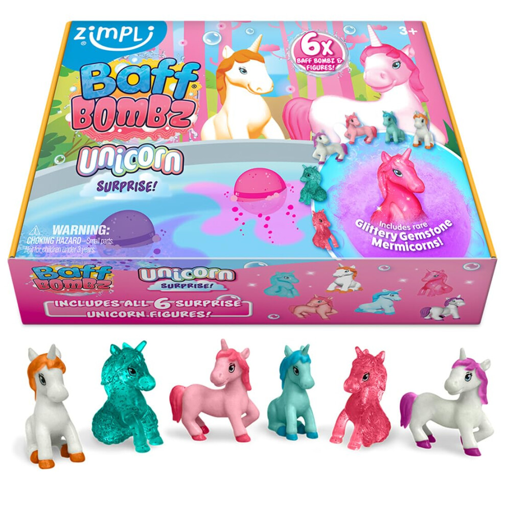 Zimpli Kids 6 X Large 100G Unicorn Surprise Bath Bombs, 6 Surprise Unicorn Toys Inside! Xmas & Birthday Presents For Children, Bathtub Toys For Boys &
