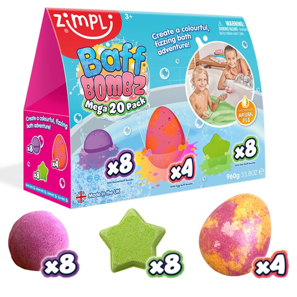 Zimpli Kids 20 X Bath Bombs Mega Value Pack From Create A Colourful, Fizzing Bath Time Adventure, Bath Fizzers Gift Set For Children, Birthday