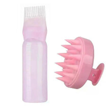 (2pcs pink)Silicone Shampoo Brush Head Scalp Massage Comb Hair Dye Tint Oil Applicator Bottle with Brush Barber Salon Hair Styling Tools