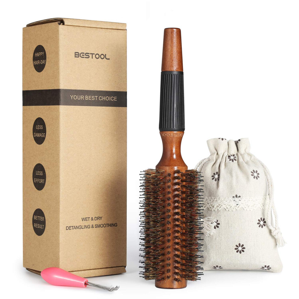 Bestool Women's Round Brush For Blow Drying, Boar Bristle Round Hair Brush With Wooden Barrel, Large Round Styling Brush For & Men, Straightening,