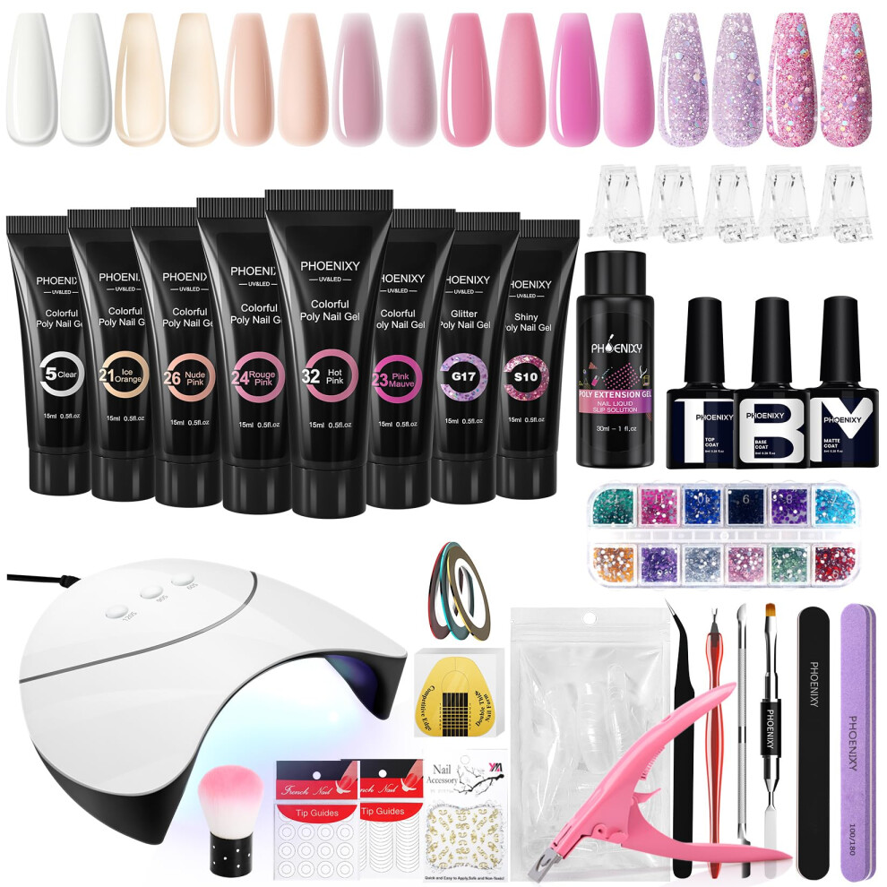 Phoenixy Poly Nail Gel Kit, 8 Colours Poly Gel Nail Extension Kit Complete With 36W U V/Led Lamp, Manicure Kit With Base Coat And Top Coat, Nail Art