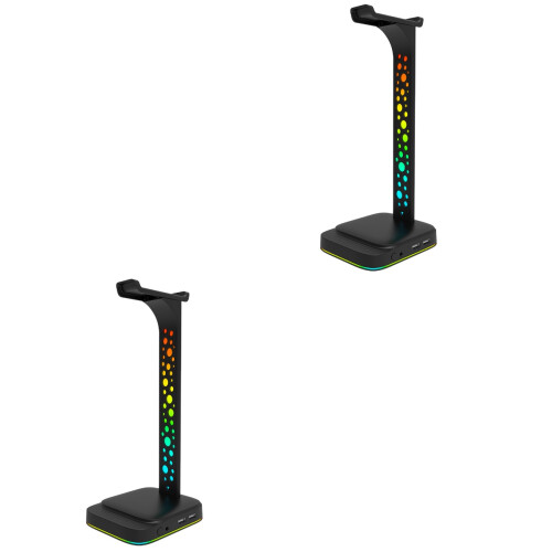 2Pcs LED Headphone Stand with USB Hub Black Multipurpose Desk Holder 2