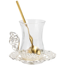 2Sets Silver Glass Coffee Cup Set with Spoon and Saucer for Office Tea
