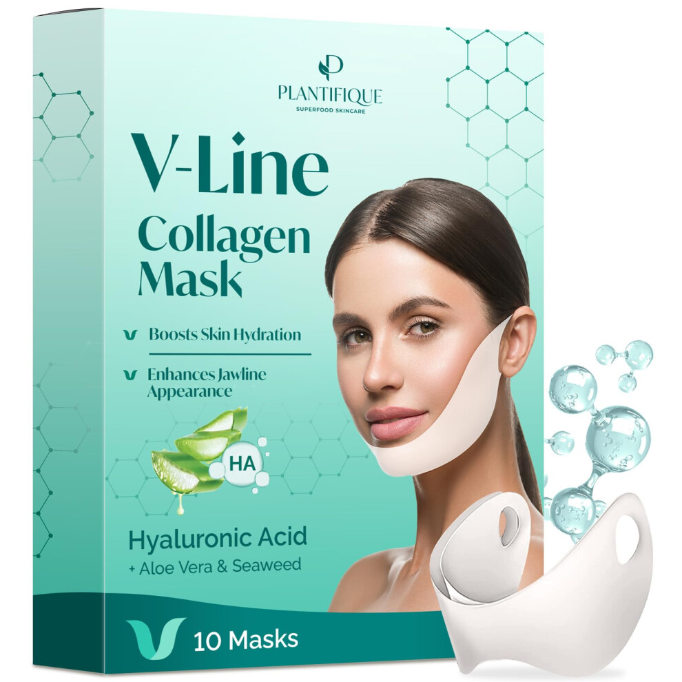 Plantifique Collagen Face Mask V-Line 10 Pcs For Skin Firming & Tightening, Double Chin & Jawline Lifting