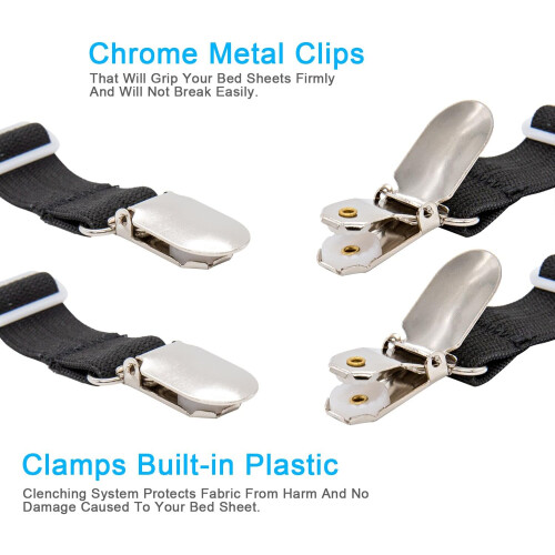 4Pcs Adjustable Bed Sheet Straps with Clips, Heavy Duty Elastic Holders for Secure Sheet Grip, Black 1