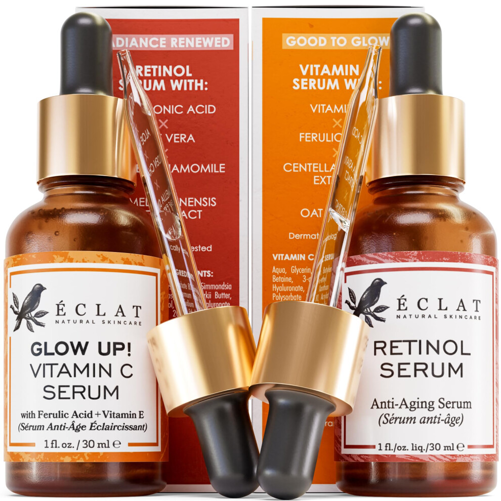 Eclat Skincare 2 Facial Serum - Vitamin C And Retinol Serum For Face, Anti Aging Serums For Skin Care - Boosts Collagen, Reduce Fine Lines & Wrinkles And Restore