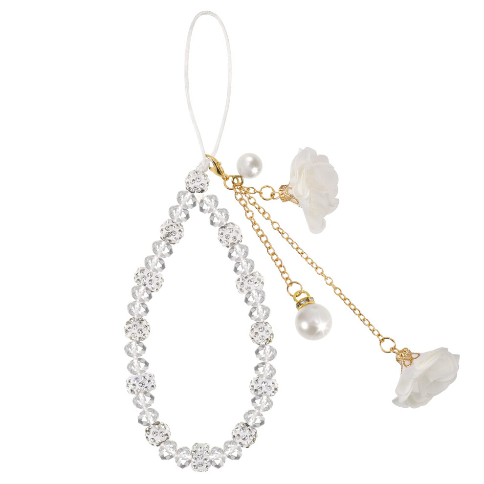 Phone Charm Beaded Strap With Handmade Crystal Flower, Kawaii Antiloss Wrist Lanyard White 9053599148807