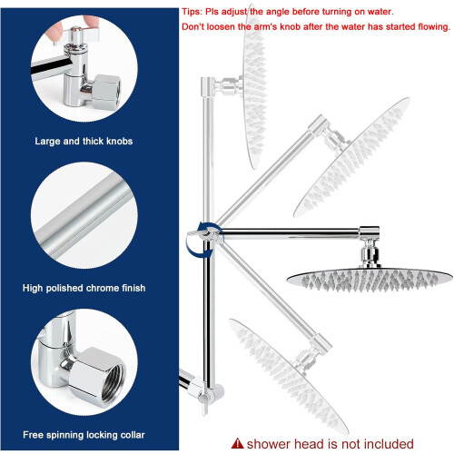Adjustable Shower Arm Chrome 16 Inch, Solid Brass Extension with Adjustable Height and Angle 1