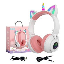 Kids Bluetooth Headphones with LED Unicorn Cat Ears, Safe Volume Limit, Foldable Wireless Design