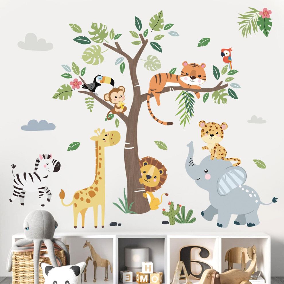 Decalmile Jungle Animals Tree Wall Decals Elephant Giraffe Lion Safari Wall Stickers Baby Nursery Kids Bedroom Living Room Wall Decor