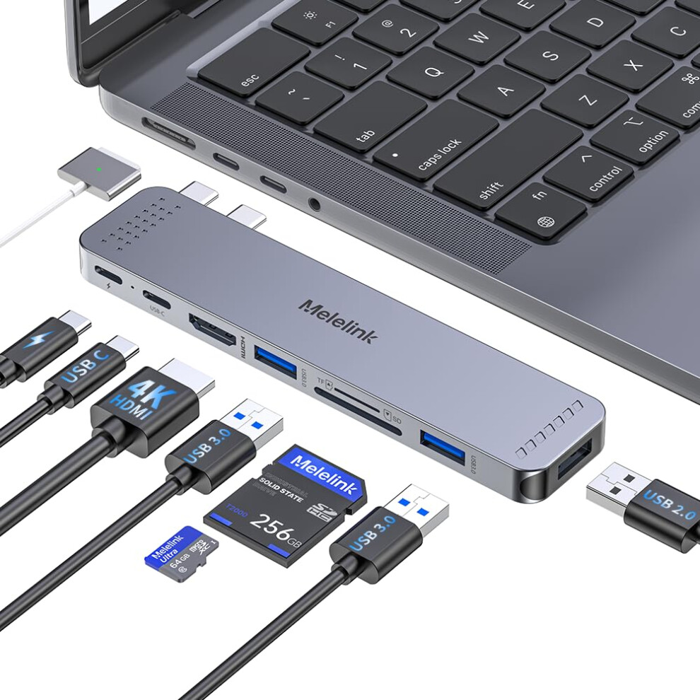 Melelink Usb C Hub Adapter For Macbook, 8 In 2 Macbook Adapter Multiport Accessories With 4K Hdmi, Thunderbolt 3, Usb C&A Data Ports, Sd/Tf, Mac Dongle For