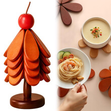Wooden Christmas Trivet Set 4 Pcs Tree Shaped Natural Wood Coasters Heat Resistant Foldable Decor