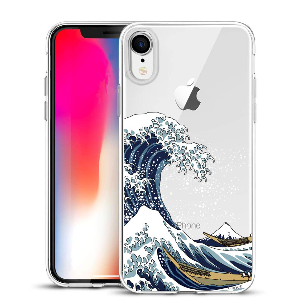 Unov Case Compatible With Iphone Xr Case Clear With Pattern Slim Protective Soft Tpu Bumper Embossed Design Shock Absorption 6.1 Inch (Great Wave) 719889704465