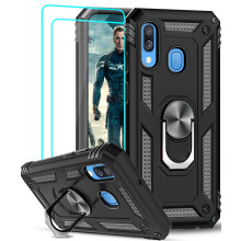 LeYi Case for Samsung Galaxy A40 [2 Pcs Tempered Glass Screen] Ring Stand, Military Double Layer Reinforced Defense Bumper TPU Silicone Shockproof