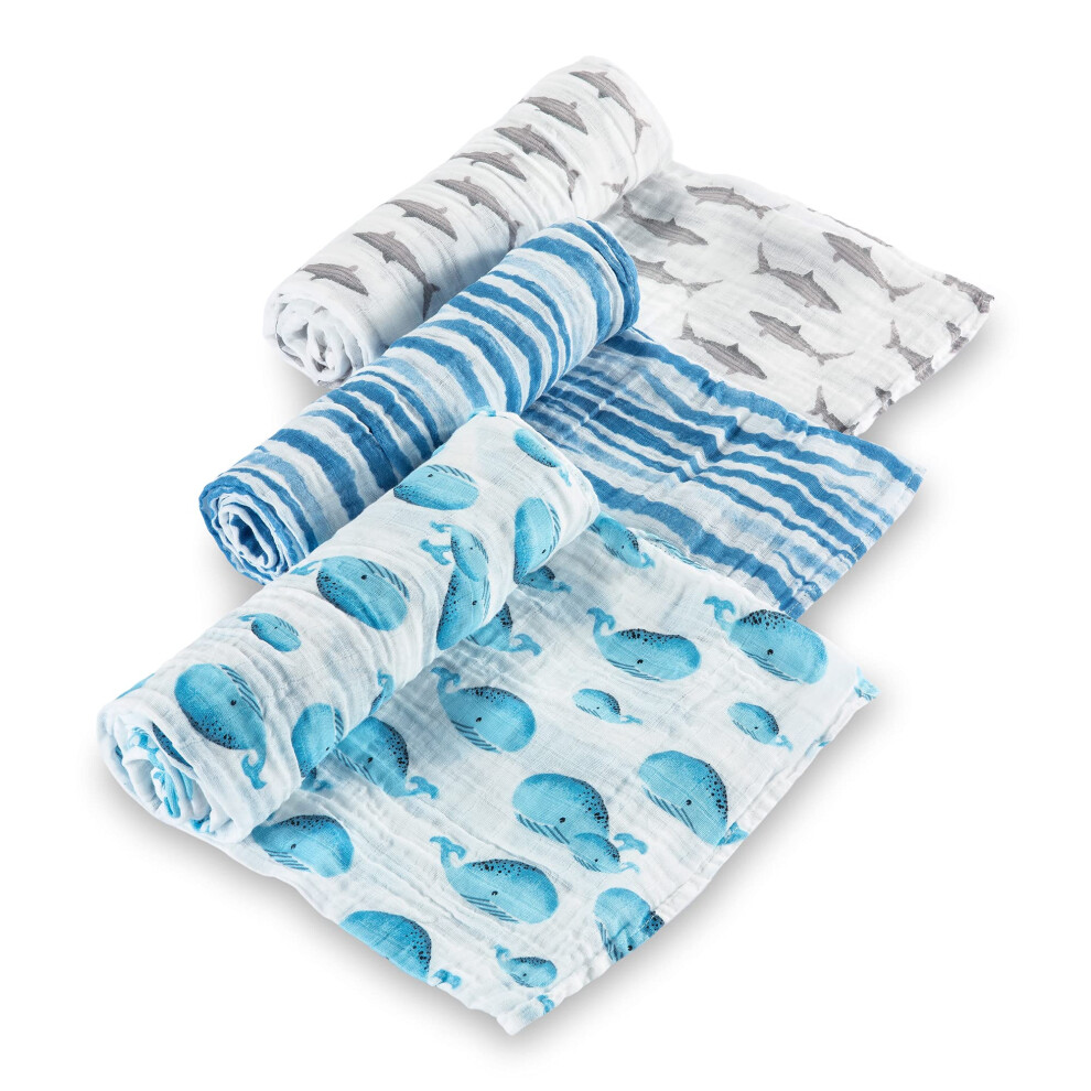 Lollybanks Swaddle Blanket | 100% Muslin Cotton | Newborn And Baby Nursery Essentials For Boys, Registry | Ocean Shark And Whale 3 Pack