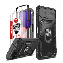 LeYi Samsung A22 5G Case Camera Cover Slider and 2 Tempered Glass Screen Protector, Ring Holder 360? Full Body Protective Shockproof Hard Armour