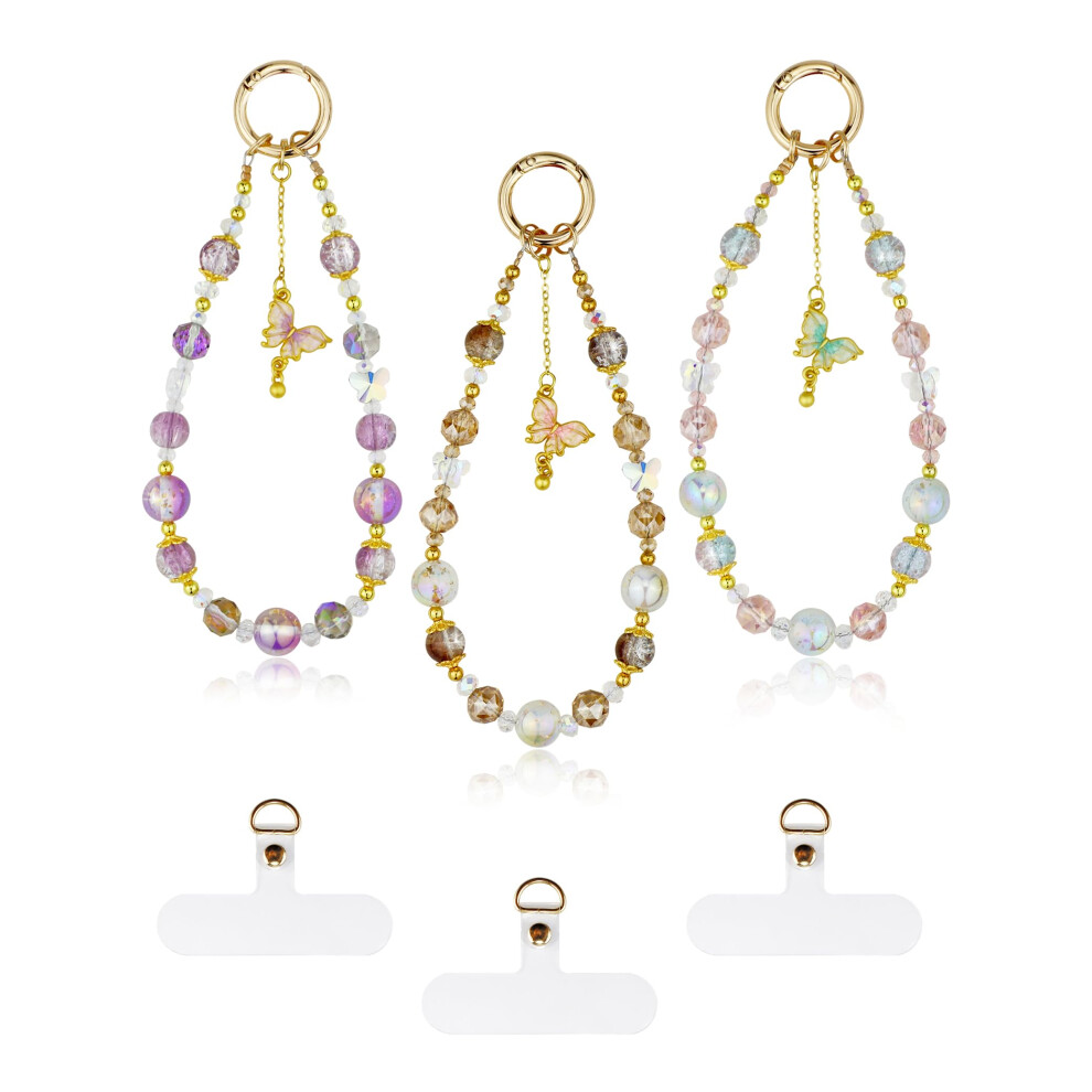 Beaded Phone Charm With Crystal Butterfly Pendant, Wrist Strap For Phone Bag Wallet Camera, 3Pcs 9455672826648