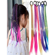 6PCS Colorful Hair Extensions for Girls, Rainbow Braided Clipin Ponytails with Hair Ties