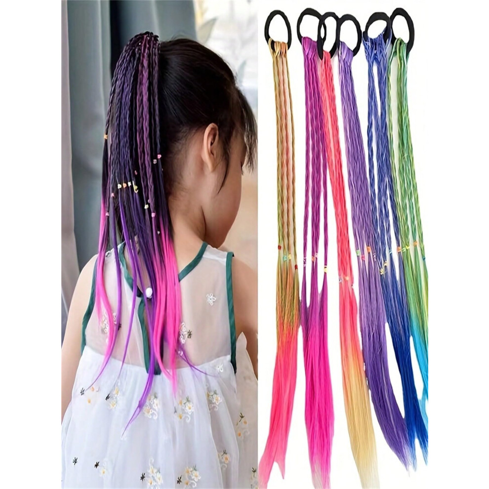 6PCS Colorful Hair Extensions for Girls, Rainbow Braided Clipin Ponytails with Hair Ties