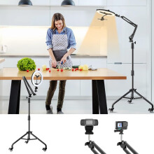 Overhead Phone Tripod for Cooking Videos with 10in Ring Light Stand, 360 Swivel, Caster Wheels