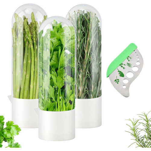 3PCS Herb Keeper for Refrigerator with Stripper, Fresh Cilantro and Mint Storage Container Keeps Herbs Fresh Longer 2