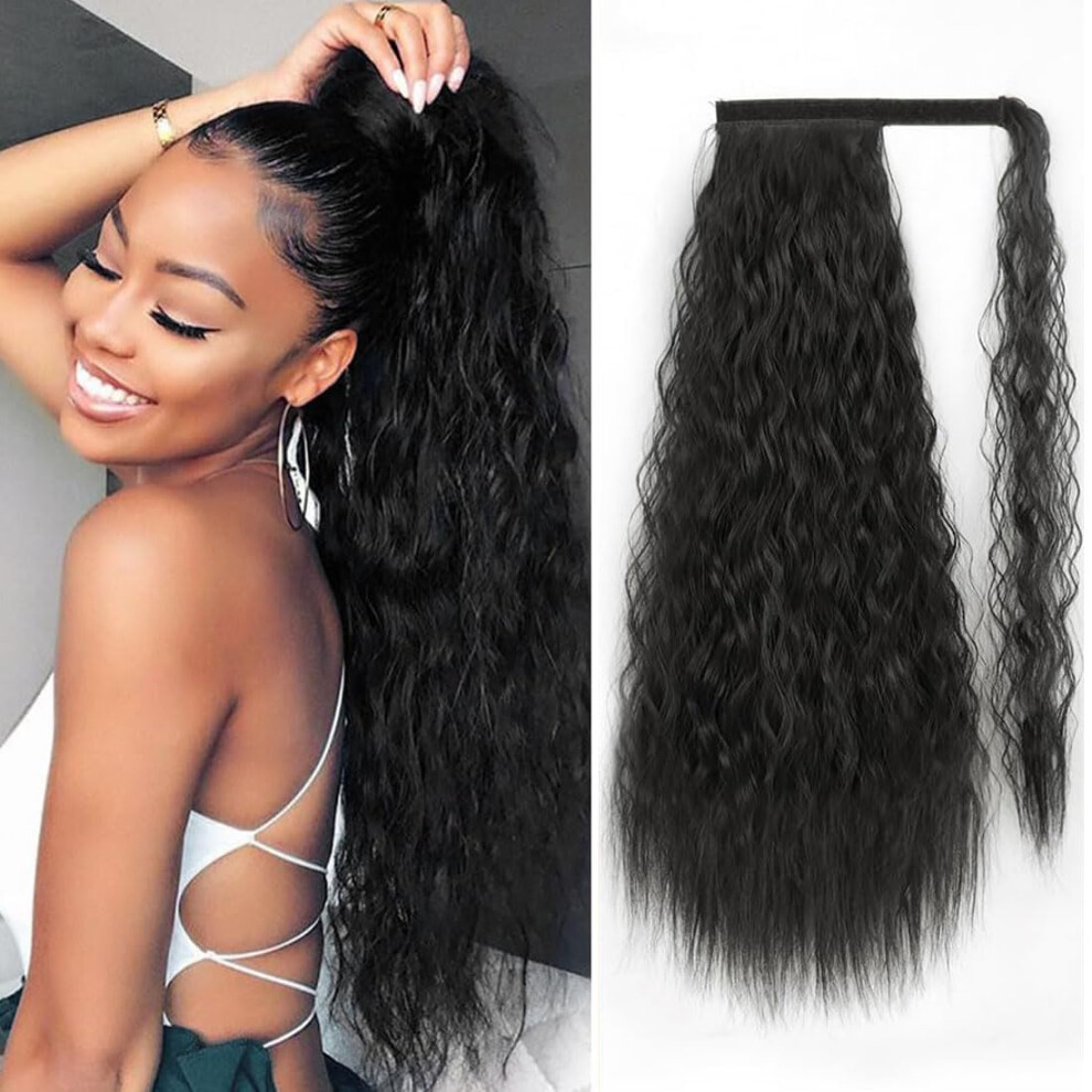 Unisex Black Curly Human Hair Ponytail Extension 16 Inch Brazilian Remy Wrap Around For Women