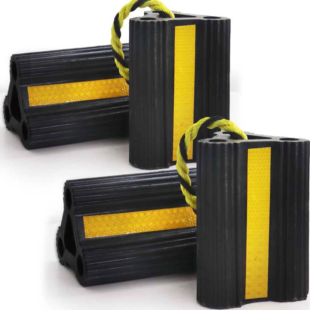 Heavy Duty Rubber Wheel Chocks 2 Pair With Rope And Reflective Strips For Rv Trailer Truck 9174973491316
